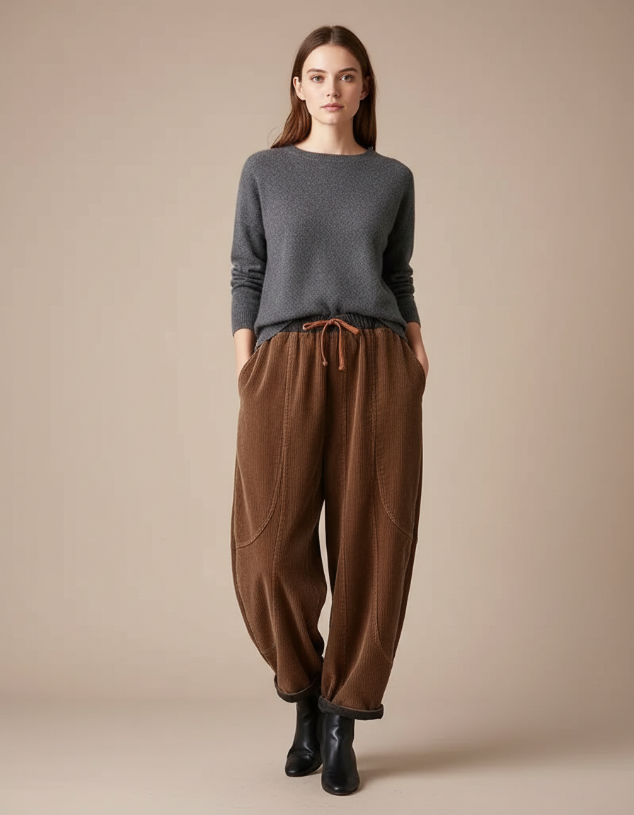 Pantalon Velours Côtelé Marron Ample Décontracté Cordon - Cordé