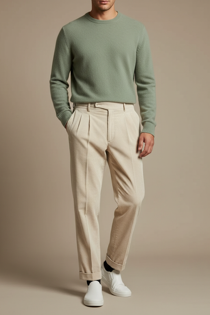Pantalon Velours Côtelé Plissé Beige Homme Décontracté - Cordé