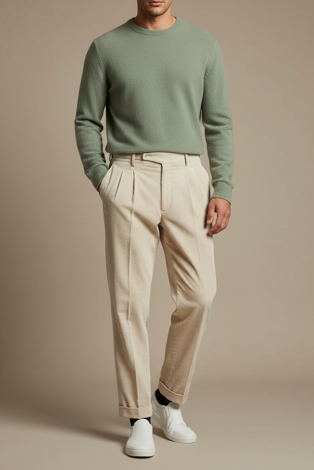 Pantalon Velours Côtelé Plissé Beige Homme Décontracté - Cordé