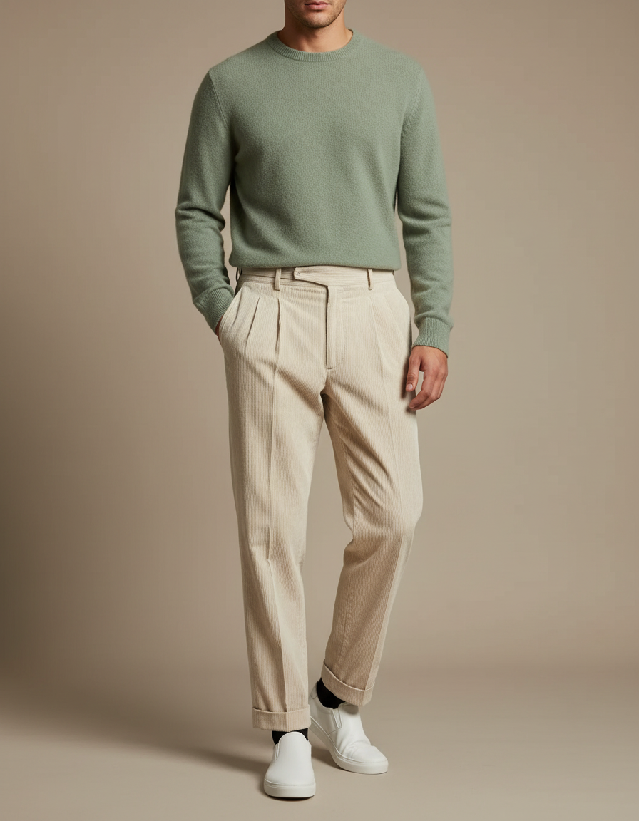 Pantalon Velours Côtelé Plissé Beige Homme Décontracté - Cordé