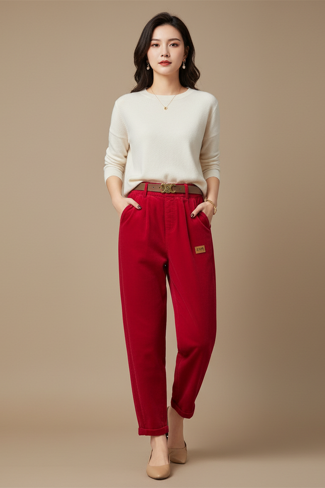 Pantalon Velours Rouge Côtelé Taille Haute Décontracté Femme - Cordé