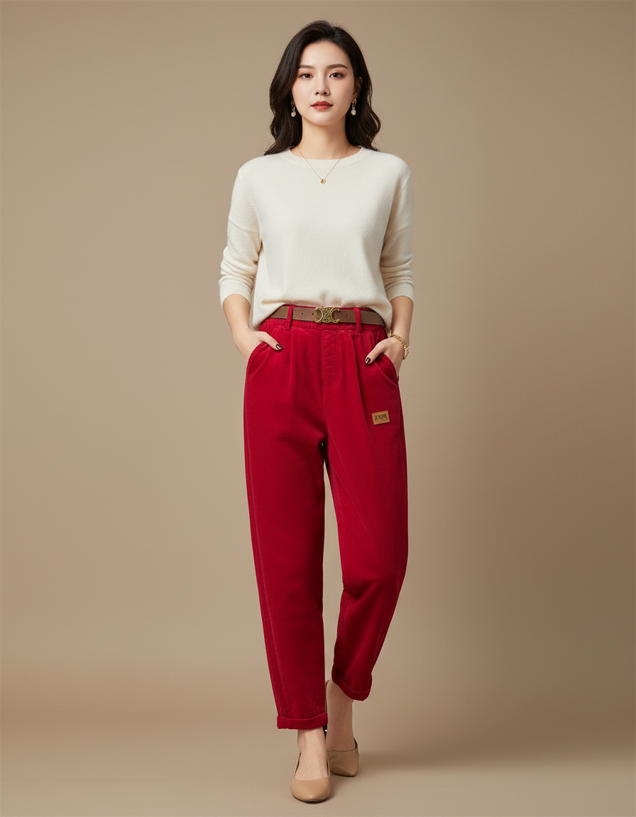 Pantalon Velours Rouge Côtelé Taille Haute Décontracté Femme - Cordé