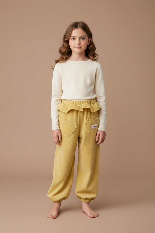 Pantalon Velours Jaune Ample Côtelé Cœurs Fille - Cordé