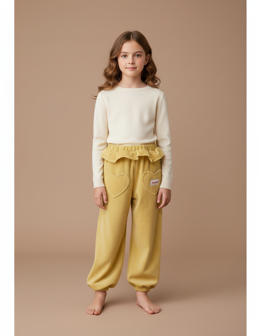 Pantalon Velours Jaune Ample Côtelé Cœurs Fille - Cordé