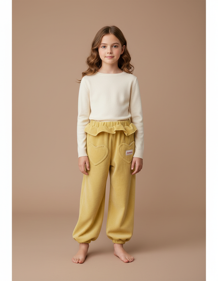 Pantalon Velours Jaune Ample Côtelé Cœurs Fille - Cordé