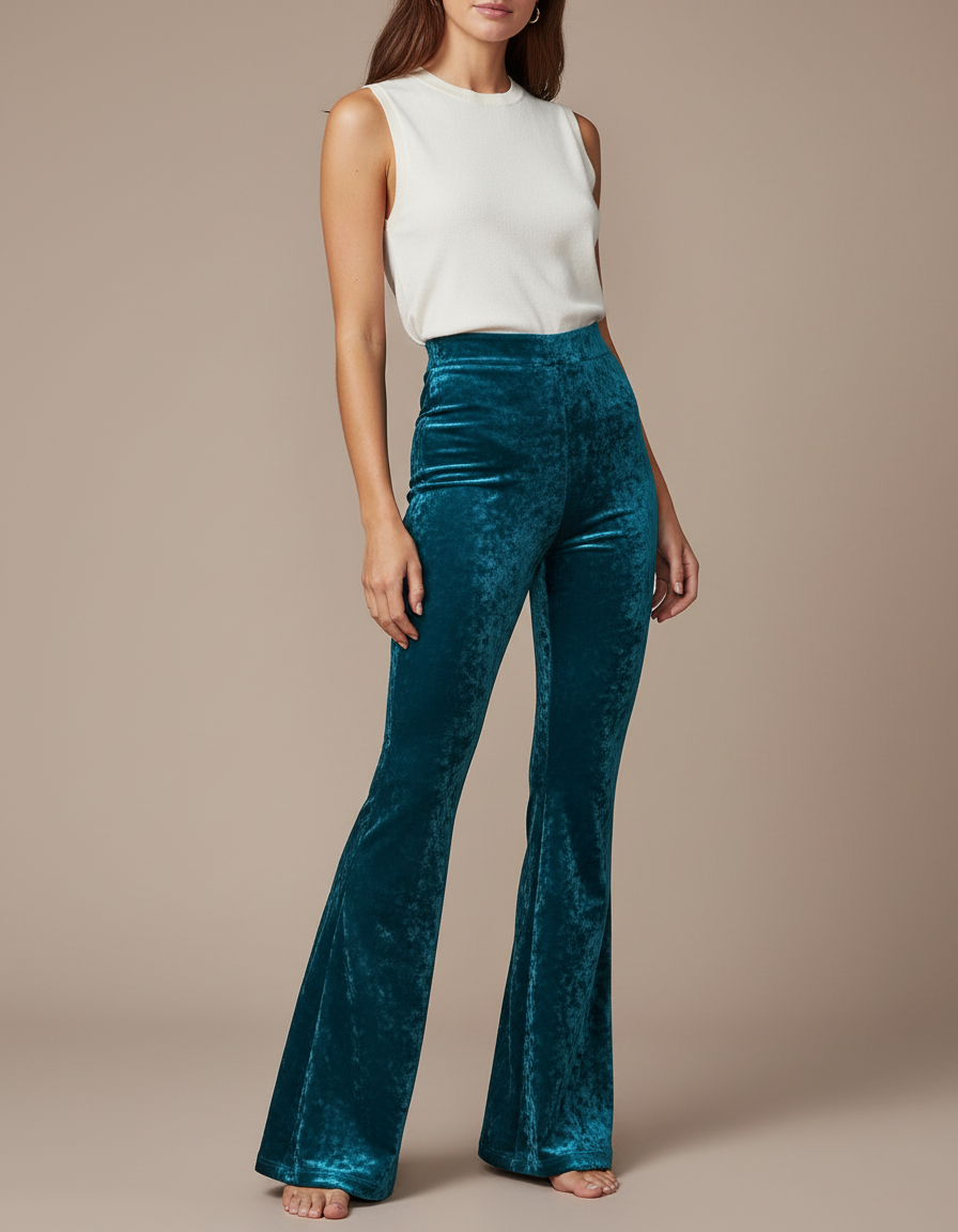 Pantalon Velours Évasé Taille Haute Vert Femme