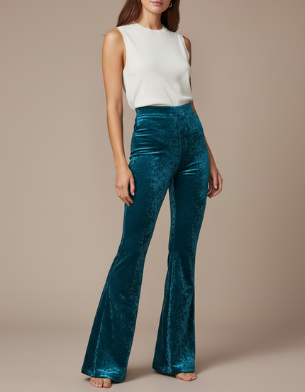 Pantalon Velours Évasé Taille Haute Vert Femme