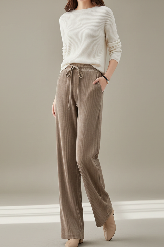 Pantalon Velours Beige Côtelé Ample Taille Haute Décontracté - Cordé