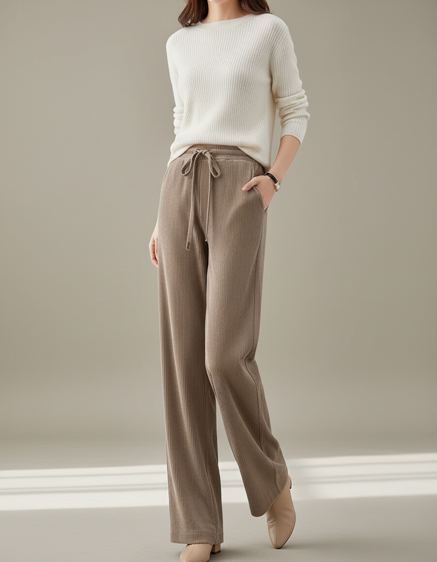 Pantalon Velours Beige Côtelé Ample Taille Haute Décontracté - Cordé
