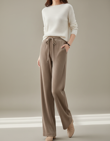 Pantalon Velours Beige Côtelé Ample Taille Haute Décontracté - Cordé