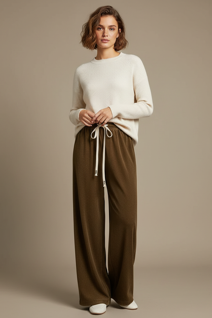 Pantalon Velours Côtelé Marron Ample Décontracté Femme - Kaki Cordé