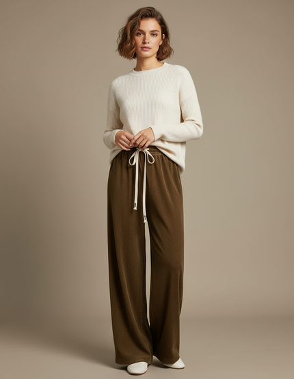 Pantalon Velours Côtelé Marron Ample Décontracté Femme - Kaki Cordé