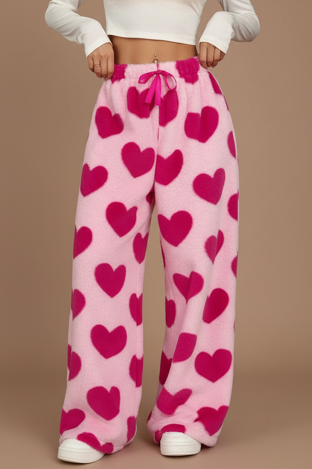 Pantalon Velours Rose Cœurs Ample Doux Femme