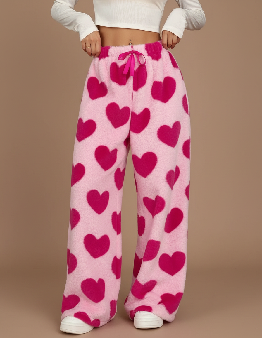Pantalon Velours Rose Cœurs Ample Doux Femme