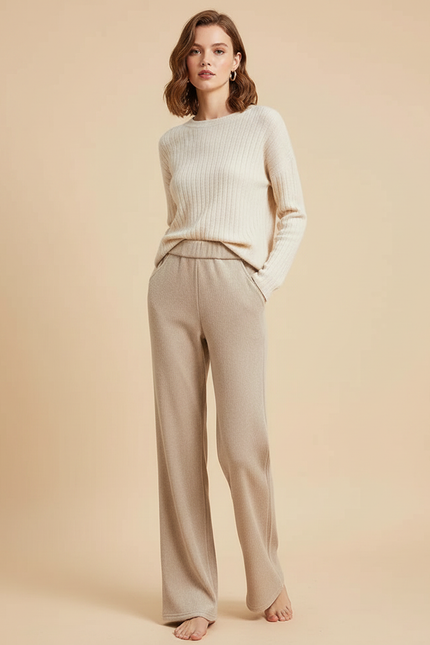 Pantalon Velours Beige Côtelé Droit Décontracté Femme - Maille
