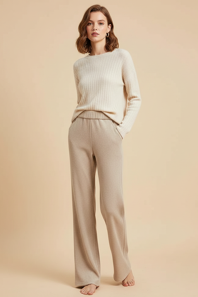 Pantalon Velours Beige Côtelé Droit Décontracté Femme - Maille