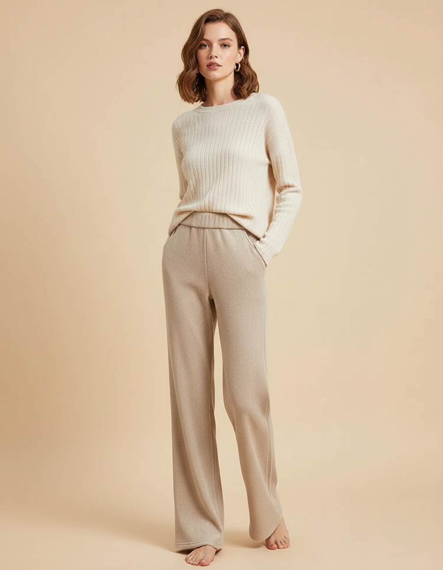 Pantalon Velours Beige Côtelé Droit Décontracté Femme - Maille