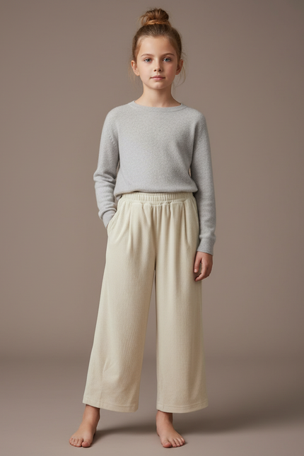 Pantalon Velours Crème Côtelé Ample Décontracté Enfant - Beige Cordé