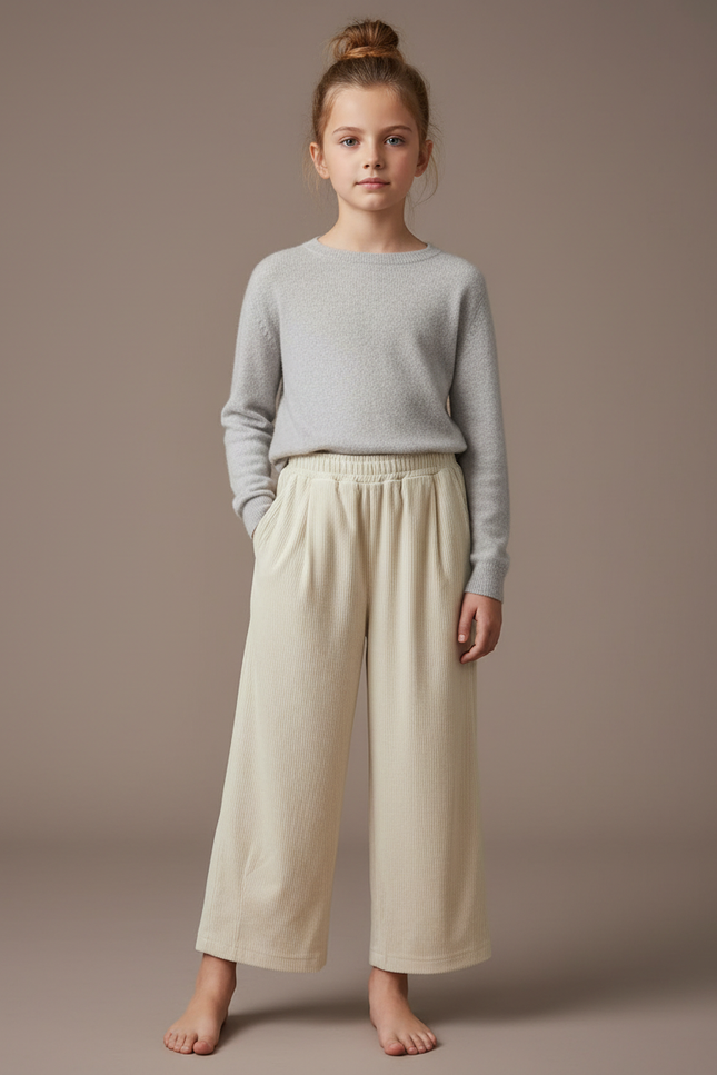 Pantalon Velours Crème Côtelé Ample Décontracté Enfant - Beige Cordé