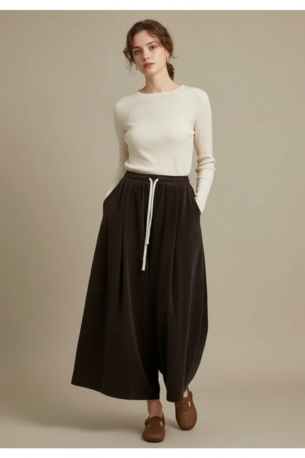 Pantalon Velours Marron Ample Côtelé Élastiqué Femme