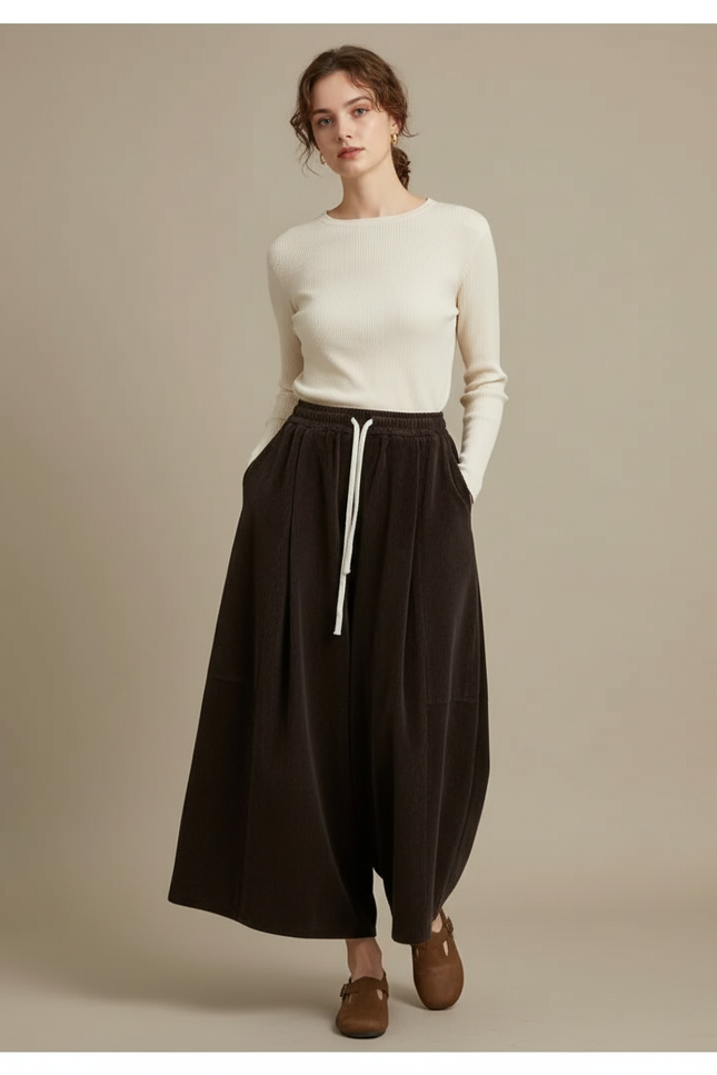 Pantalon Velours Marron Ample Côtelé Élastiqué Femme