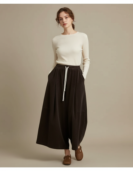 Pantalon Velours Marron Ample Côtelé Élastiqué Femme