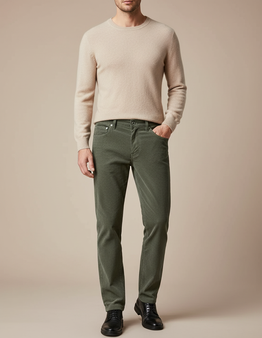 Pantalon Velours Vert Côtelé Droit Homme Décontracté - Cordé