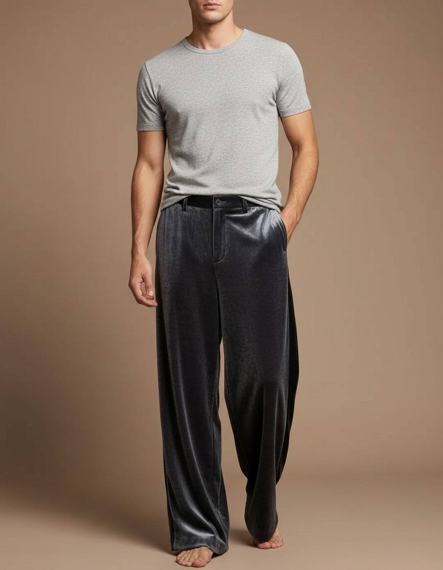 Pantalon Velours Jambes Larges - Gris