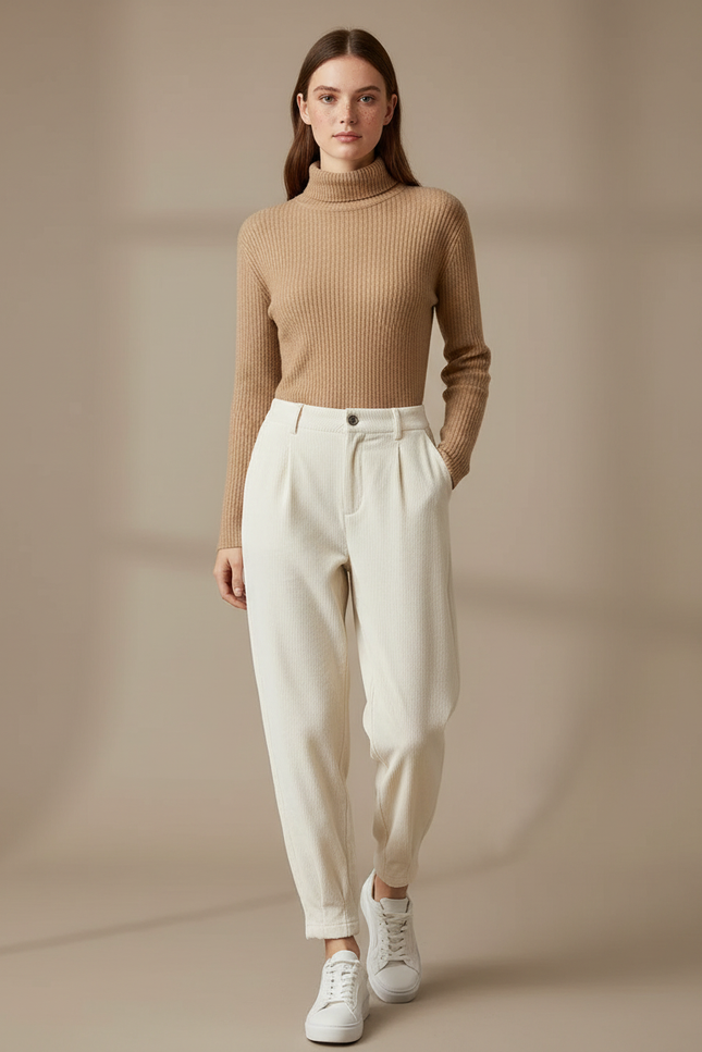 Pantalon Velours Cotelé Creme Femme - Beige Cordé