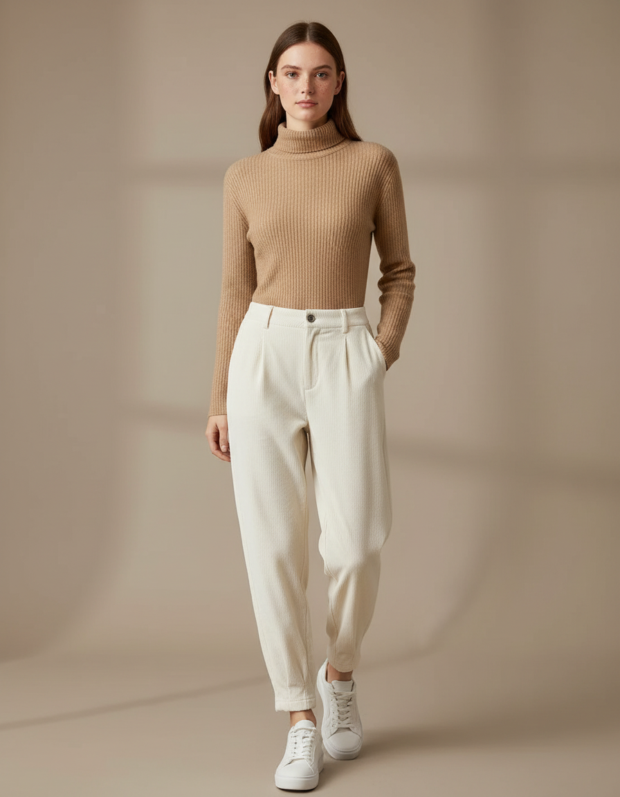 Pantalon Velours Cotelé Creme Femme - Beige Cordé