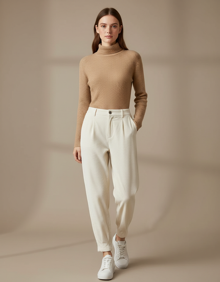 Pantalon Velours Cotelé Creme Femme - Beige Cordé