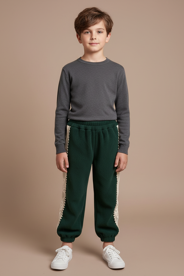 Pantalon Velours Vert Épais Détail Dentelle Enfant