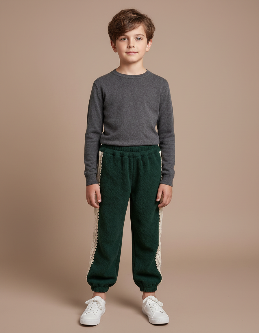 Pantalon Velours Vert Épais Détail Dentelle Enfant