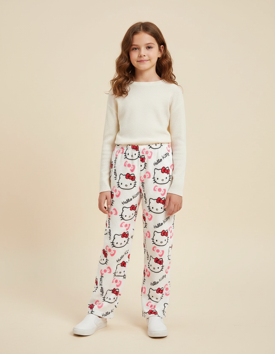 Pantalon Velours Blanc Hello Kitty Doux Décontracté Enfant