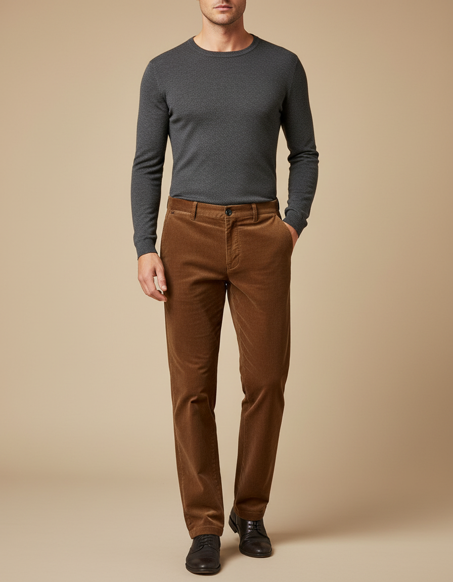 Pantalon Velours Homme Marron Droit - Cordé