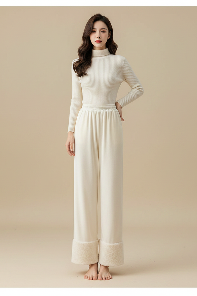 Pantalon Velours Crème Large Doublé Hiver Femme - Beige