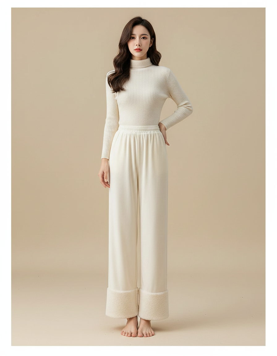 Pantalon Velours Crème Large Doublé Hiver Femme - Beige