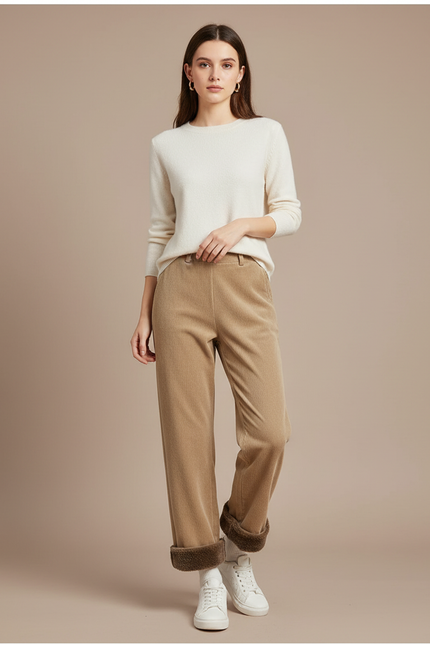 Pantalon Velours Côtelé Doublé Polaire Ample Femme - Camel Cordé