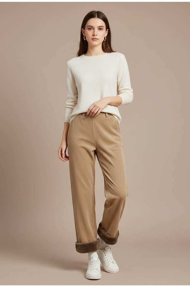 Pantalon Velours Côtelé Doublé Polaire Ample Femme - Camel Cordé