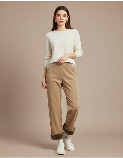Pantalon Velours Côtelé Doublé Polaire Ample Femme - Camel Cordé