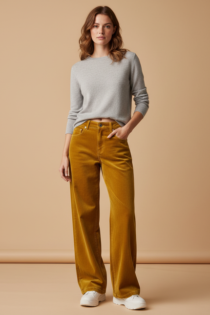 Pantalon Velours Jaune Ample Taille Haute Femme - Cordé