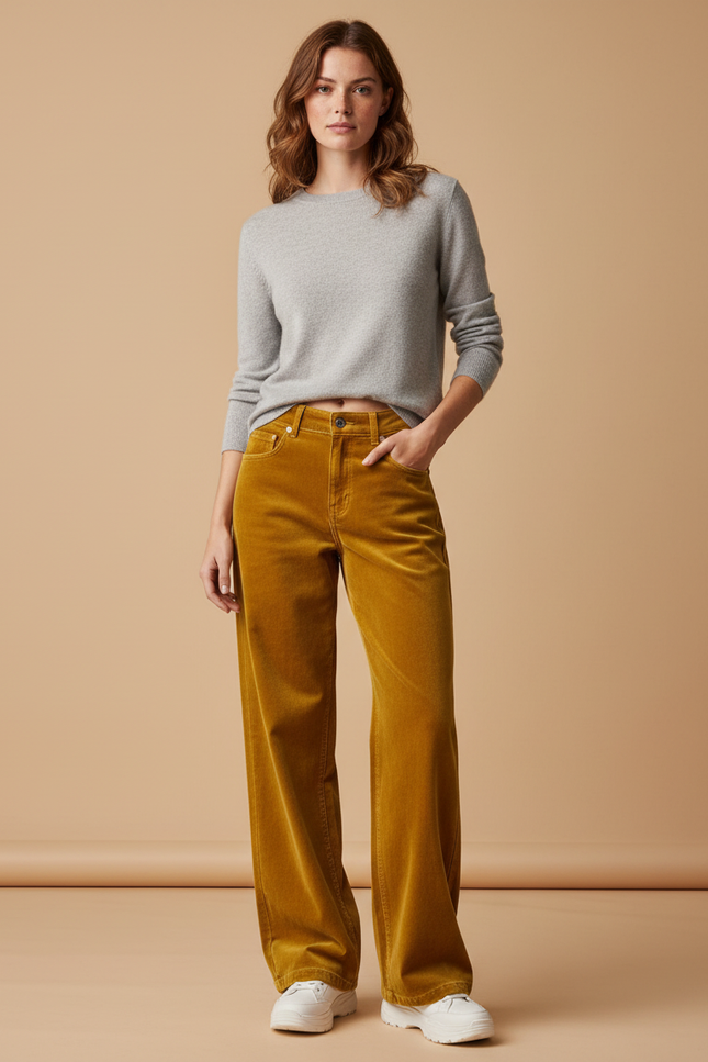 Pantalon Velours Jaune Ample Taille Haute Femme - Cordé