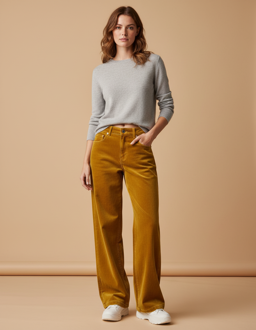 Pantalon Velours Jaune Ample Taille Haute Femme - Cordé