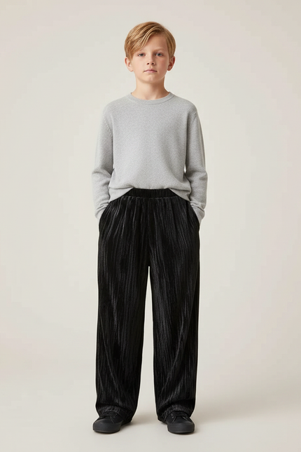 Pantalon Velours Noir Plissé Ample Enfant Décontracté