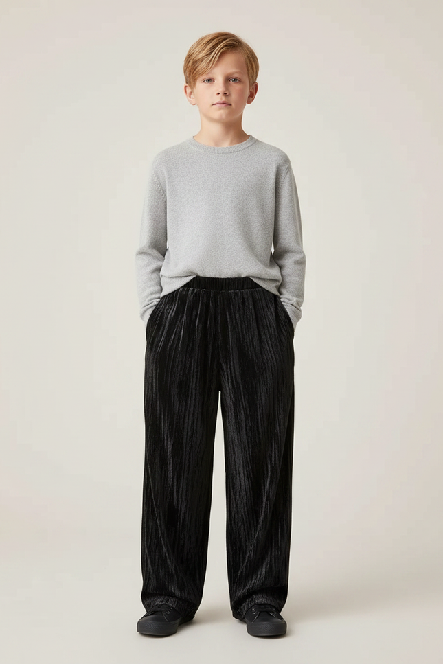 Pantalon Velours Noir Plissé Ample Enfant Décontracté