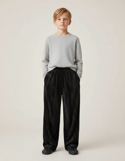 Pantalon Velours Noir Plissé Ample Enfant Décontracté