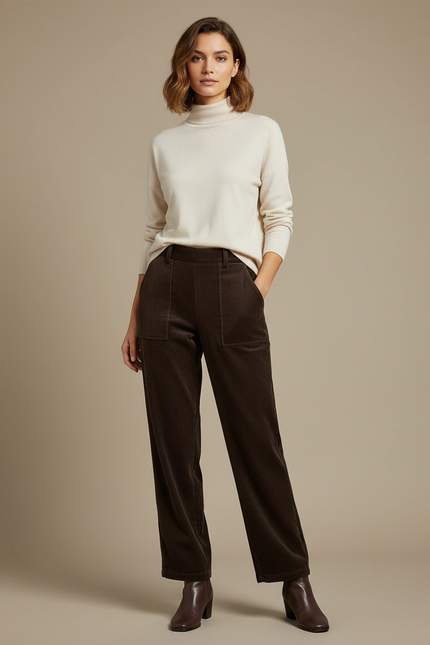 Pantalon Velours Marron Côtelé Droit Taille Haute Élégant - Cordé