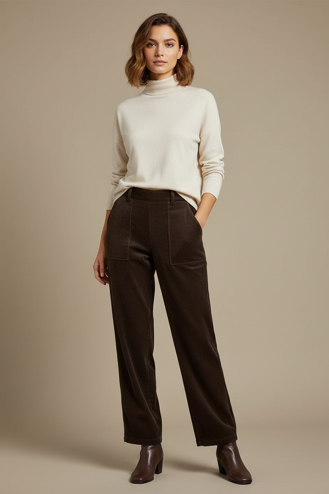 Pantalon Velours Marron Côtelé Droit Taille Haute Élégant - Cordé