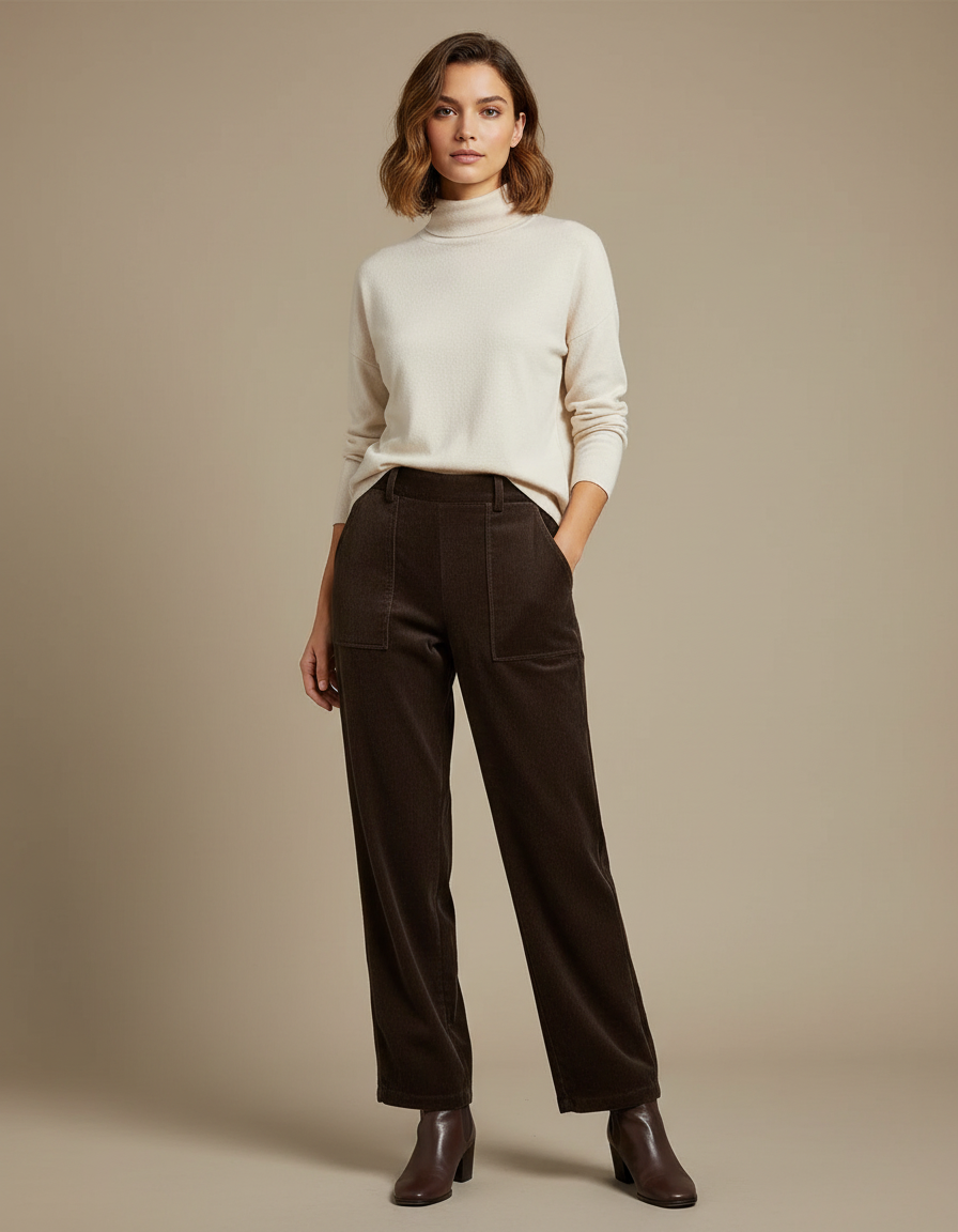 Pantalon Velours Marron Côtelé Droit Taille Haute Élégant - Cordé