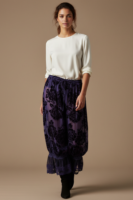 Pantalon Velours Violet Transparent Floral Évasé Dentelle